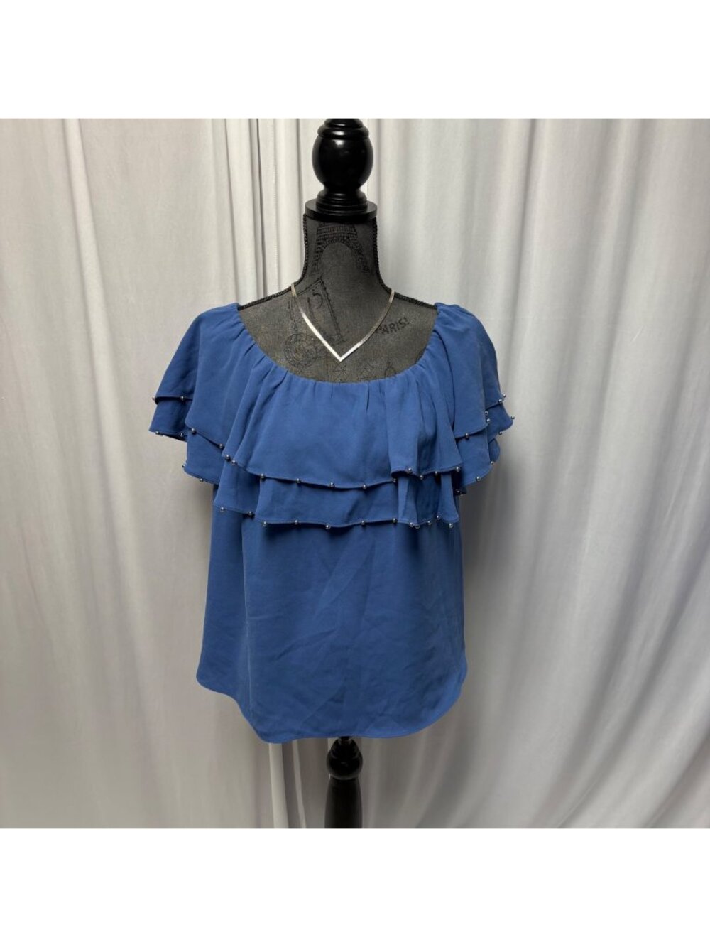 Jennifer Lopez On or Off-Shoulder Blouse Womens Medium Blue Ruffle Bead Accents